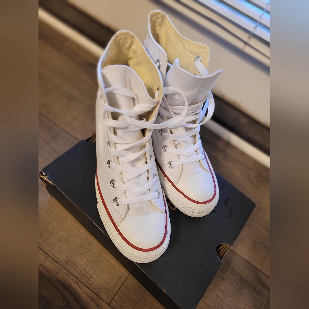 Converse White Platform High-Tops with Red Accents